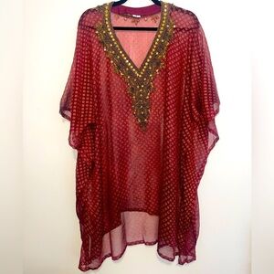 Red Burgundy Gold Metallic  Pattern Swim Cover-up Embellished Embroidered Kaftan